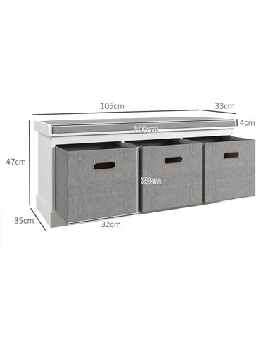 HOMCOM Shoe Bench with Seat, Shoe Storage Bench with Cushion and 3 Fabric Drawers for Entryway, Hallway, Living Room, Bedroom, W