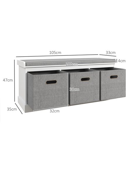 HOMCOM Shoe Bench with Seat, Shoe Storage Bench with Cushion and 3 Fabric Drawers for Entryway, Hallway, Living Room, Bedroom, W - pic 55972 | FastDaddyshop