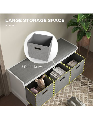 HOMCOM Shoe Bench with Seat, Shoe Storage Bench with Cushion and 3 Fabric Drawers for Entryway, Hallway, Living Room, Bedroom, W