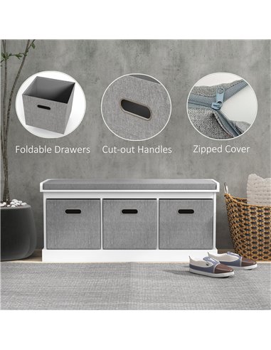 HOMCOM Shoe Bench with Seat, Shoe Storage Bench with Cushion and 3 Fabric Drawers for Entryway, Hallway, Living Room, Bedroom, W
