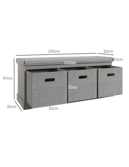 HOMCOM Shoe Bench with Seat, Shoe Storage Bench with Cushion and 3 Fabric Drawers for Entryway, Hallway, Living Room, Bedroom, G - pic 55981 | FastDaddyshop