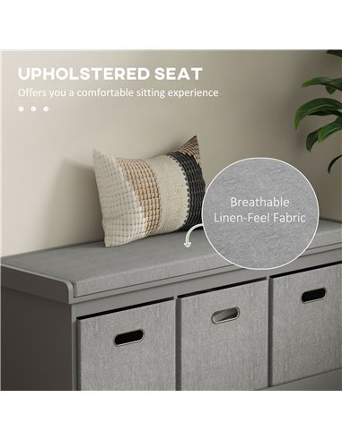 HOMCOM Shoe Bench with Seat, Shoe Storage Bench with Cushion and 3 Fabric Drawers for Entryway, Hallway, Living Room, Bedroom, G