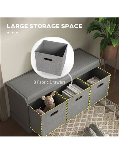 HOMCOM Shoe Bench with Seat, Shoe Storage Bench with Cushion and 3 Fabric Drawers for Entryway, Hallway, Living Room, Bedroom, G