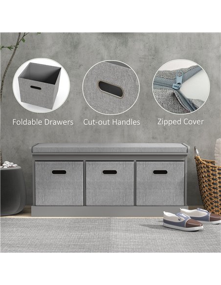 HOMCOM Shoe Bench with Seat, Shoe Storage Bench with Cushion and 3 Fabric Drawers for Entryway, Hallway, Living Room, Bedroom, G - pic 55984 | FastDaddyshop