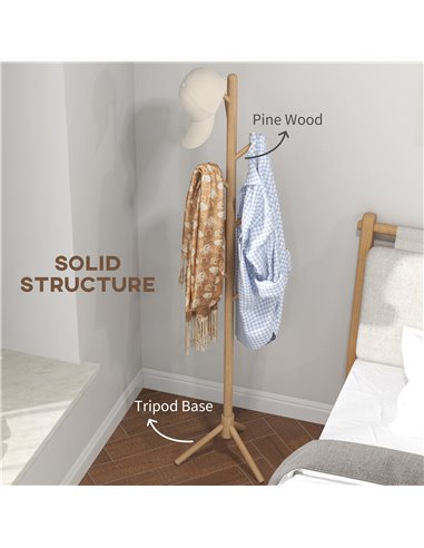 HOMCOM Eight-Hook Wooden Coat Rack - Natural 837-464V00ND