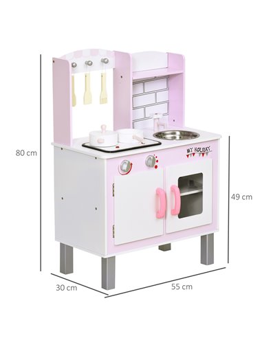 HOMCOM Kids Kitchen Play Set Wooden Pretend Play Toy w/ Sounds Utensils Pans Storage Child Role Play Accessories for 3 Years+ Pi