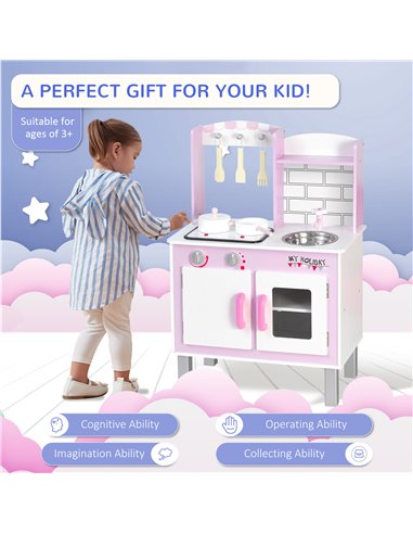 HOMCOM Kids Kitchen Play Set Wooden Pretend Play Toy w/ Sounds Utensils Pans Storage Child Role Play Accessories for 3 Years+ Pi