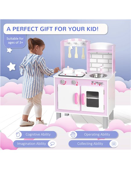 HOMCOM Kids Kitchen Play Set Wooden Pretend Play Toy w/ Sounds Utensils Pans Storage Child Role Play Accessories for 3 Years+ Pi - pic 5623 | FastDaddyshop
