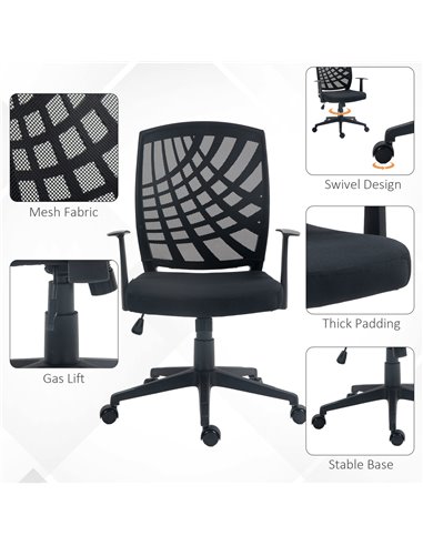 HOMCOM Ergonomic Office Chair, Height Adjustable Mesh Chair, Desk Chair with Swivel Wheels for Home Office, Black 921-702V70BK