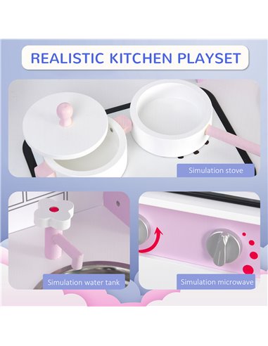 HOMCOM Kids Kitchen Play Set Wooden Pretend Play Toy w/ Sounds Utensils Pans Storage Child Role Play Accessories for 3 Years+ Pi