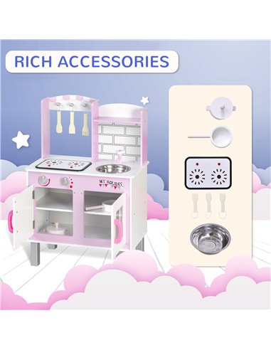 HOMCOM Kids Kitchen Play Set Wooden Pretend Play Toy w/ Sounds Utensils Pans Storage Child Role Play Accessories for 3 Years+ Pi