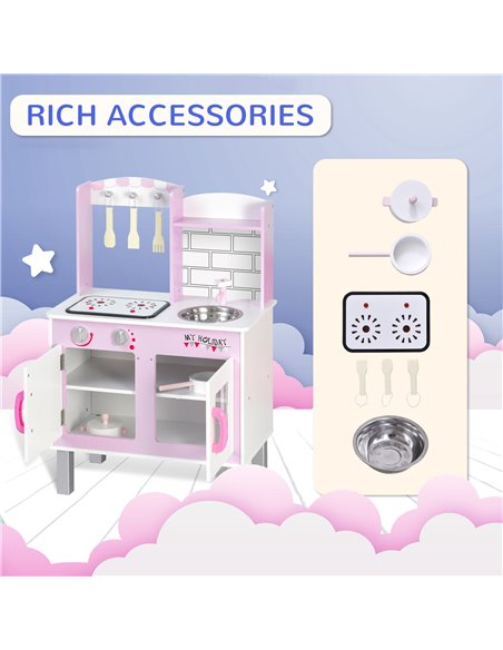 HOMCOM Kids Kitchen Play Set Wooden Pretend Play Toy w/ Sounds Utensils Pans Storage Child Role Play Accessories for 3 Years+ Pi - pic 5625 | FastDaddyshop