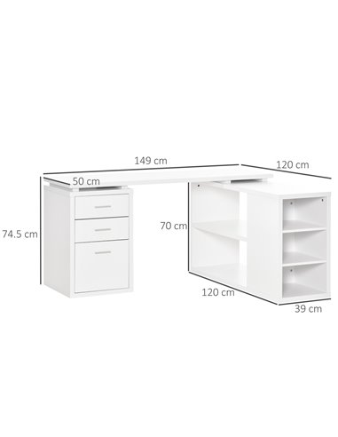 HOMCOM L-Shaped Computer Desk Home Office Corner Desk Study Workstation Table with Storage Shelves and Drawers, White 836-365