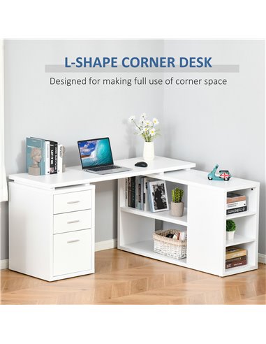 HOMCOM L-Shaped Computer Desk Home Office Corner Desk Study Workstation Table with Storage Shelves and Drawers, White 836-365