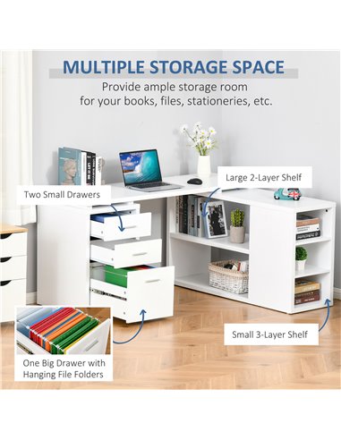 HOMCOM L-Shaped Computer Desk Home Office Corner Desk Study Workstation Table with Storage Shelves and Drawers, White 836-365