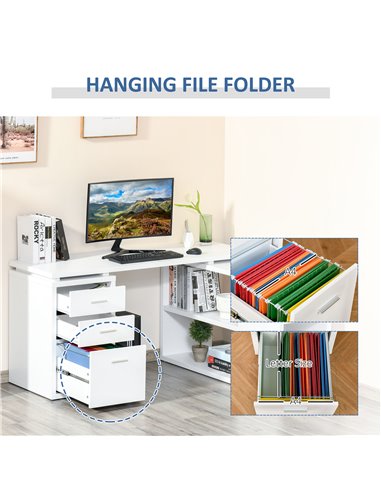 HOMCOM L-Shaped Computer Desk Home Office Corner Desk Study Workstation Table with Storage Shelves and Drawers, White 836-365