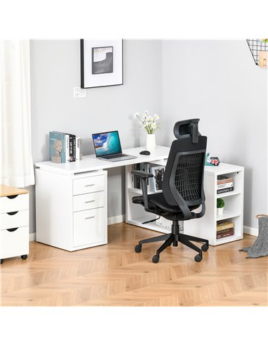 HOMCOM L-Shaped Computer Desk Home Office Corner Desk Study Workstation Table with Storage Shelves and Drawers, White 836-365