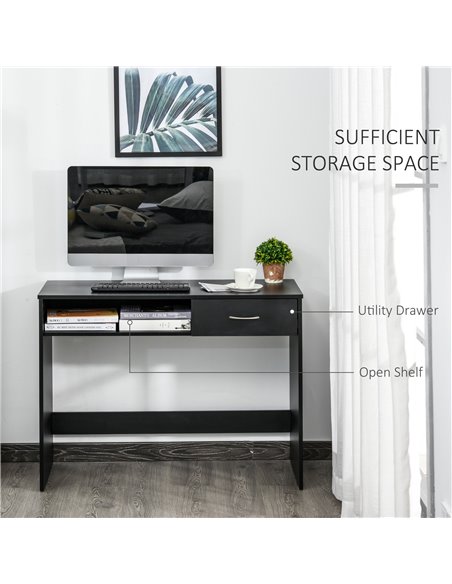 HOMCOM Modern Computer Work Desk Table Study w/ Shelf Drawer Standing Writing Station Display Stylish Storage Compact Black 836- - pic 56351 | FastDaddyshop