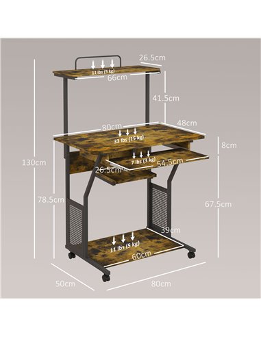 HOMCOM Mobile Computer Desk with Keyboard Tray, Rolling Study Table with Storage Shelves and Wheels, Industrial Writing Desk for