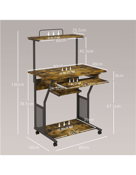 HOMCOM Mobile Computer Desk with Keyboard Tray, Rolling Study Table with Storage Shelves and Wheels, Industrial Writing Desk for - pic 56368 | FastDaddyshop