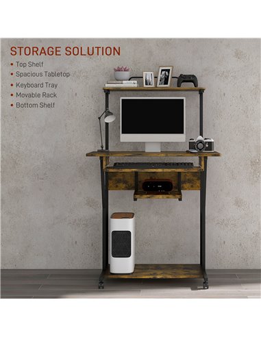 HOMCOM Mobile Computer Desk with Keyboard Tray, Rolling Study Table with Storage Shelves and Wheels, Industrial Writing Desk for