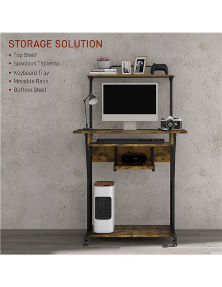 HOMCOM Mobile Computer Desk with Keyboard Tray, Rolling Study Table with Storage Shelves and Wheels, Industrial Writing Desk for - pic 56369 | FastDaddyshop