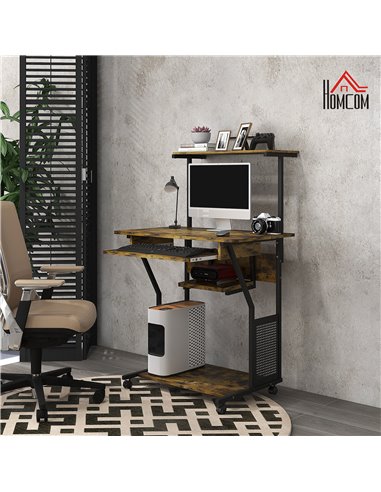 HOMCOM Mobile Computer Desk with Keyboard Tray, Rolling Study Table with Storage Shelves and Wheels, Industrial Writing Desk for