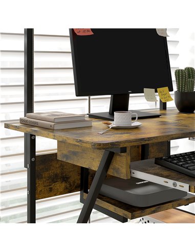 HOMCOM Mobile Computer Desk with Keyboard Tray, Rolling Study Table with Storage Shelves and Wheels, Industrial Writing Desk for