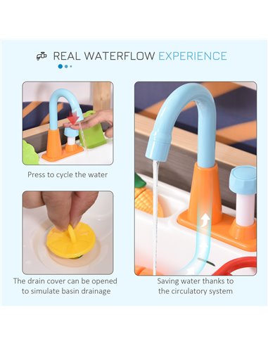Outsunny Kitchen Playset, Kids Pretend Role Play Toy, Educational Game with Sink, Running Water,  Educational Role Play Set for 