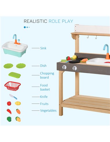 Outsunny Kitchen Playset, Kids Pretend Role Play Toy, Educational Game with Sink, Running Water,  Educational Role Play Set for 