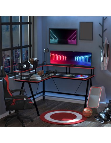 HOMCOM L-Shape Corner Gaming Desk Computer Table with Elevated Monitor Shelf Workstation, Black Red 836-311