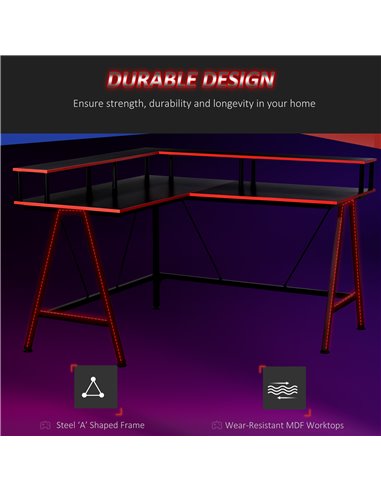 HOMCOM L-Shape Corner Gaming Desk Computer Table with Elevated Monitor Shelf Workstation, Black Red 836-311