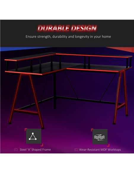 HOMCOM L-Shape Corner Gaming Desk Computer Table with Elevated Monitor Shelf Workstation, Black Red 836-311 - pic 56415 | FastDaddyshop