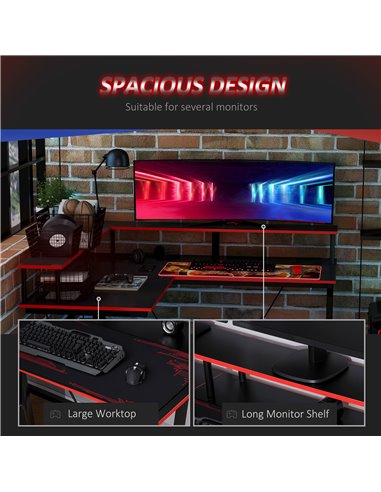 HOMCOM L-Shape Corner Gaming Desk Computer Table with Elevated Monitor Shelf Workstation, Black Red 836-311