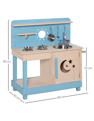 Outsunny Wooden Kitchen Playset, Kids Pretend Role Play Toy, Educational Game with Pots and Pans, Storage Shelf Cabinet, Side Ha