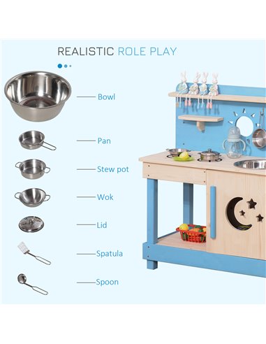 Outsunny Wooden Kitchen Playset, Kids Pretend Role Play Toy, Educational Game with Pots and Pans, Storage Shelf Cabinet, Side Ha