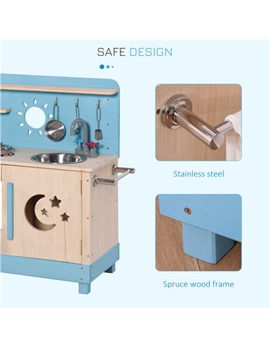 Outsunny Wooden Kitchen Playset, Kids Pretend Role Play Toy, Educational Game with Pots and Pans, Storage Shelf Cabinet, Side Ha