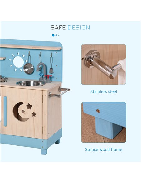 Outsunny Wooden Kitchen Playset, Kids Pretend Role Play Toy, Educational Game with Pots and Pans, Storage Shelf Cabinet, Side Ha - pic 5648 | FastDaddyshop