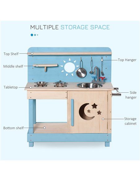 Outsunny Wooden Kitchen Playset, Kids Pretend Role Play Toy, Educational Game with Pots and Pans, Storage Shelf Cabinet, Side Ha - pic 5649 | FastDaddyshop