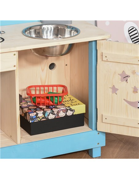 Outsunny Wooden Kitchen Playset, Kids Pretend Role Play Toy, Educational Game with Pots and Pans, Storage Shelf Cabinet, Side Ha - pic 5652 | FastDaddyshop