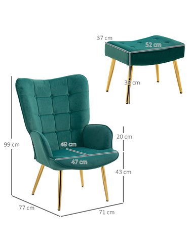 HOMCOM Upholstered Armchair w/ Footstool Set, Modern Button Tufted Accent Chair w/ Gold Tone Steel Legs, Wingback Chair, Dark Gr