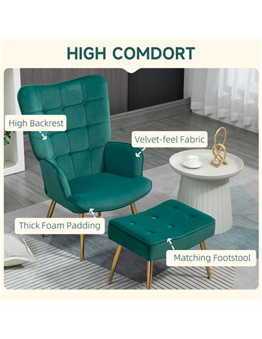 HOMCOM Upholstered Armchair w/ Footstool Set, Modern Button Tufted Accent Chair w/ Gold Tone Steel Legs, Wingback Chair, Dark Gr
