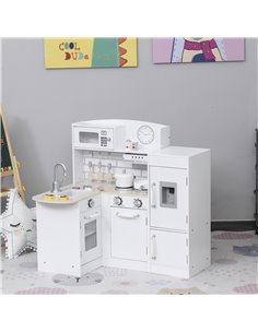 Homcom Kids Wooden Play Kitchen Set with Drinking Fountain, Microwave, Fridge, White 2
