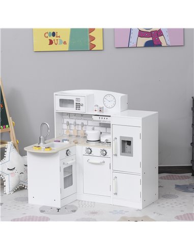 HOMCOM Kids Play Kitchen Wooden Toy Kitchen Cooking Set for Children with Drinking Fountain, Microwave, and Fridge White