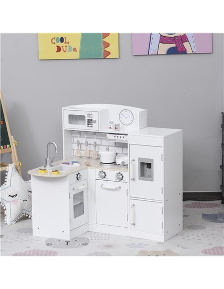 HOMCOM Kids Play Kitchen Wooden Toy Kitchen Cooking Set for Children with Drinking Fountain, Microwave, and Fridge White - pic 5653 | FastDaddyshop