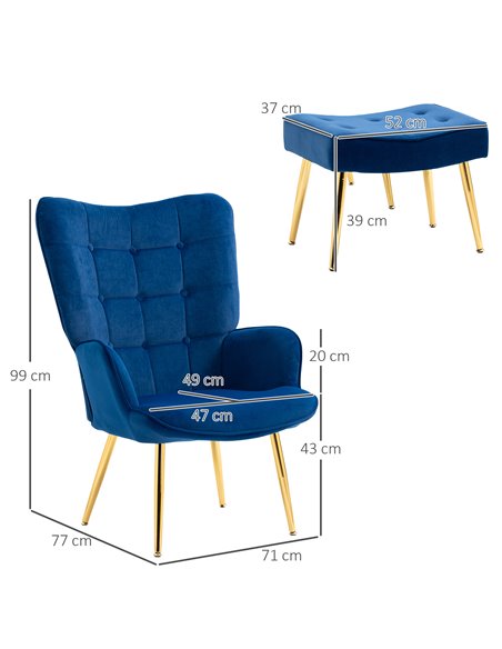 HOMCOM Upholstered Armchair w/ Footstool Set, Modern Button Tufted Accent Chair w/ Gold Tone Steel Legs, Wingback Chair, Dark Bl - pic 56530 | FastDaddyshop