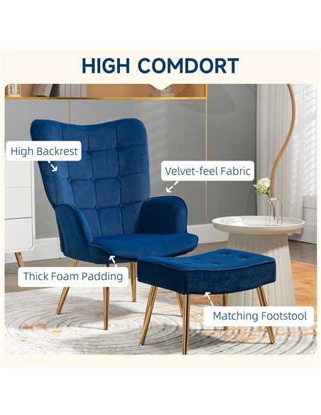 HOMCOM Upholstered Armchair w/ Footstool Set, Modern Button Tufted Accent Chair w/ Gold Tone Steel Legs, Wingback Chair, Dark Bl - pic 56531 | FastDaddyshop