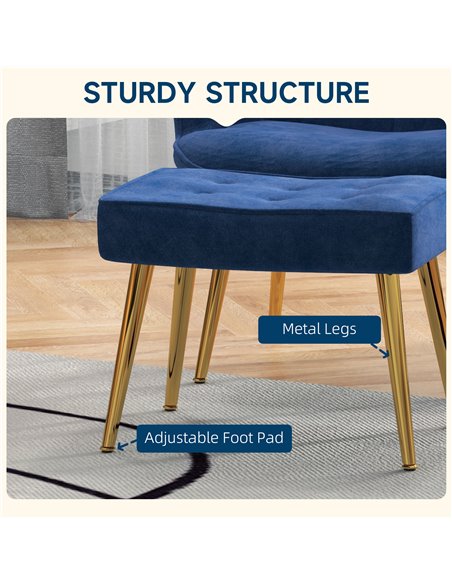 HOMCOM Upholstered Armchair w/ Footstool Set, Modern Button Tufted Accent Chair w/ Gold Tone Steel Legs, Wingback Chair, Dark Bl - pic 56532 | FastDaddyshop