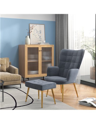 HOMCOM Upholstered Armchair w/ Footstool Set, Modern Button Tufted Accent Chair w/ Gold Tone Steel Legs, Wingback Chair for Livi