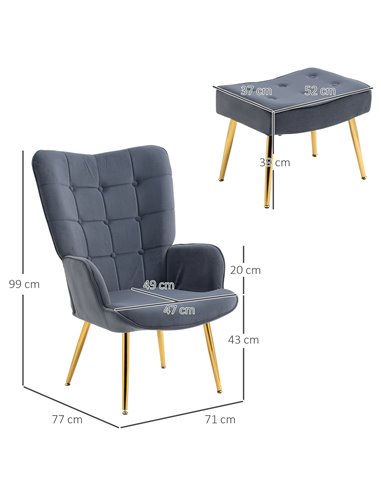 HOMCOM Upholstered Armchair w/ Footstool Set, Modern Button Tufted Accent Chair w/ Gold Tone Steel Legs, Wingback Chair for Livi